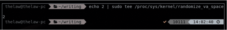 echo 2 | sudo tee /proc/sys/kernel/randomize_va_space