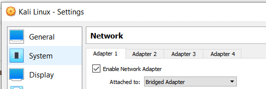 the Kali Linux network settings window.