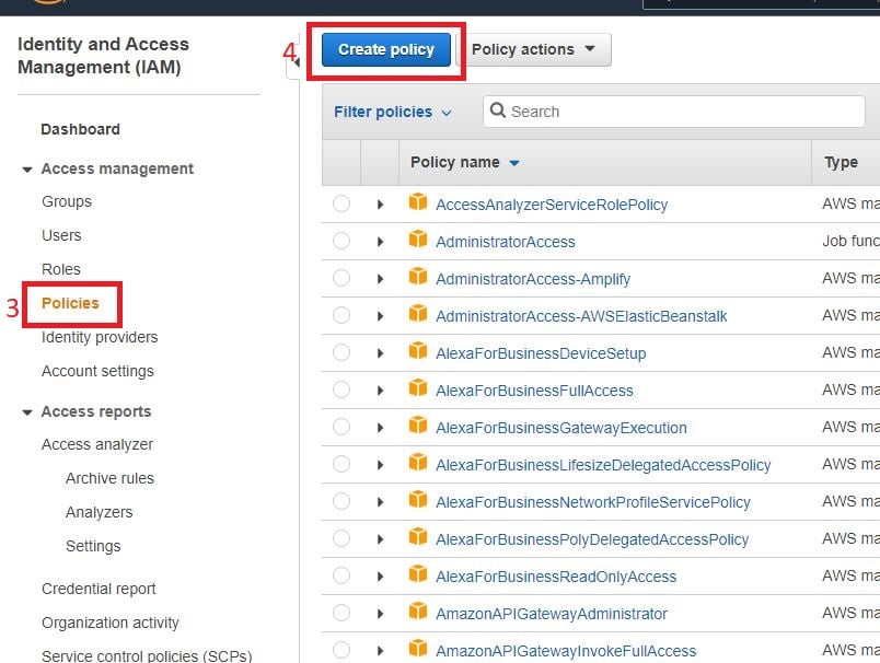 Creating a new AWS security policy in the console.