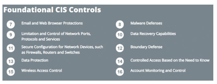 the top 16 foundational controls as listed in the center for internet security top 20 controls