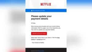 an example of a phishing mail that is supposedly from Netflix prompting immediate action and requesting payment by clicking on a link from an unknown source