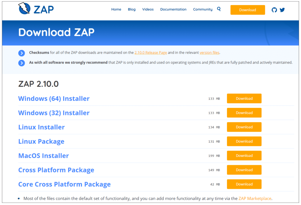 OWASP ZAP installation page