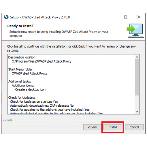 OWASP ZAP installation screen, click on ‘Install’