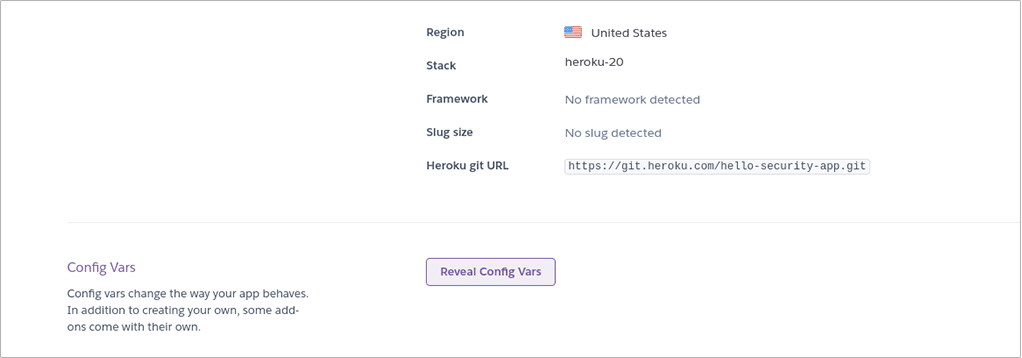 the Heroku dashboard with the “reveal config vars” button at the bottom of the settings screen