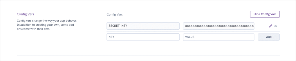 the config vars screen where you can enter your secret key so that it is protected by Heroku and not viewable as part of your source code