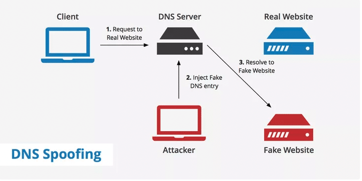 An illustrative image of domain name system server spoofing through the use of a fake DNS entry that links to a fake website.