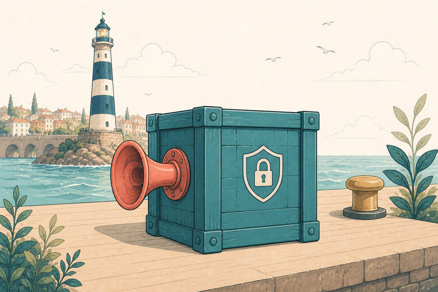 A teal crate with an extra coral listening horn, house style.