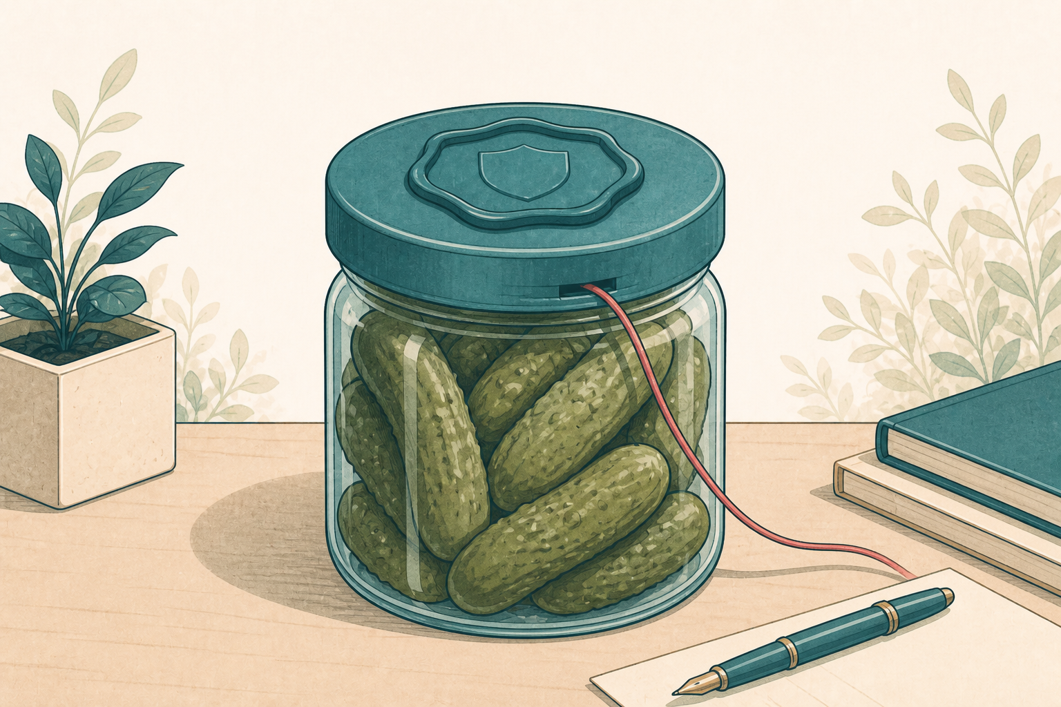A sealed pickle jar with a coral wire sneaking under the lid.