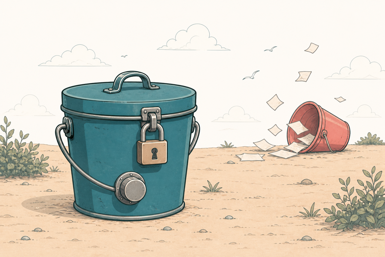 A locked teal bucket. A tipped coral bucket in the distance.