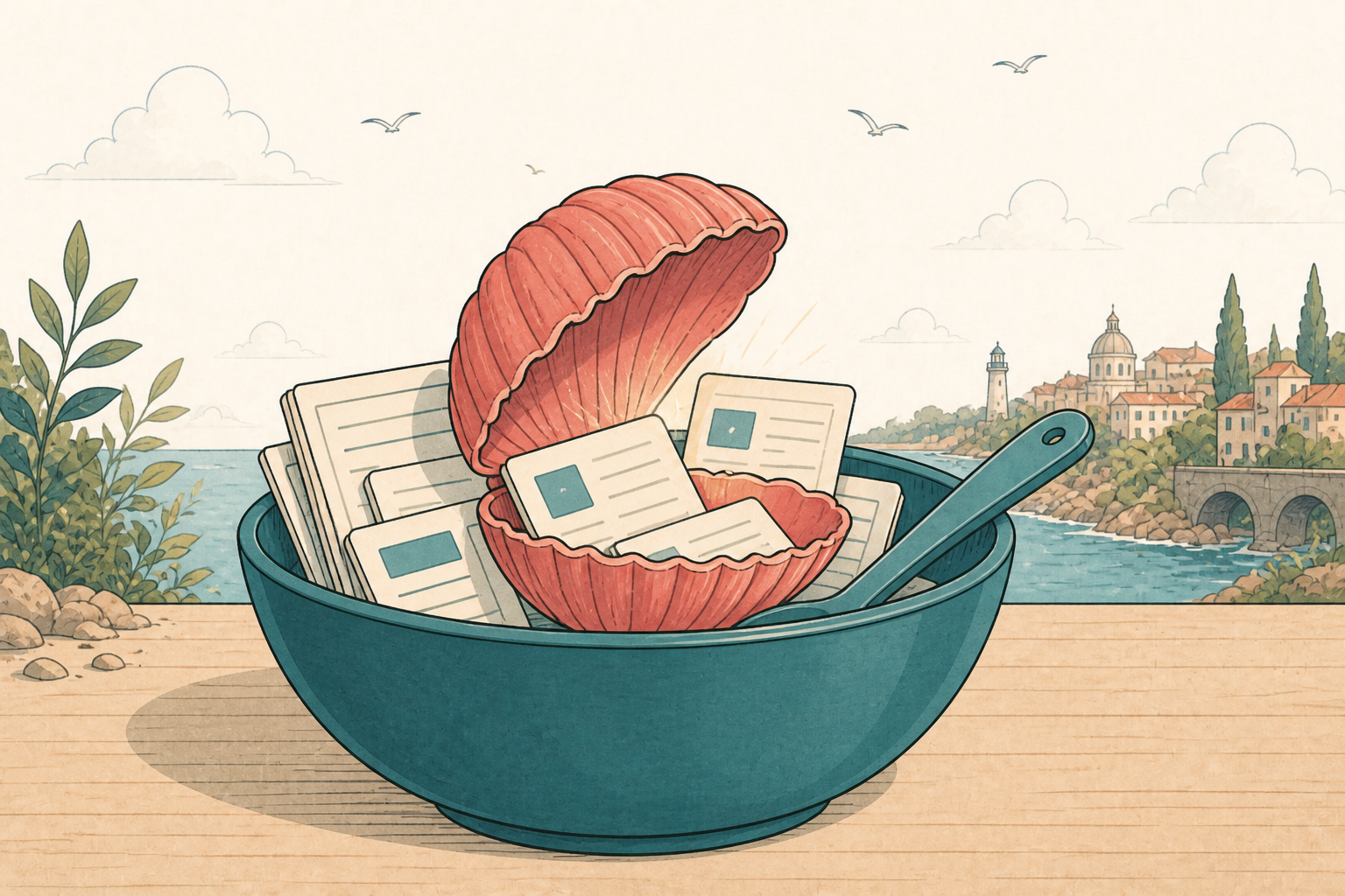 A data bowl with a coral seashell hatch opening.