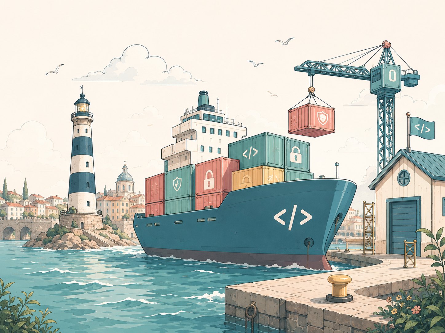 SecureCoding ship at a harbor with a lighthouse, crane, and cargo marked with code, lock, and shield.