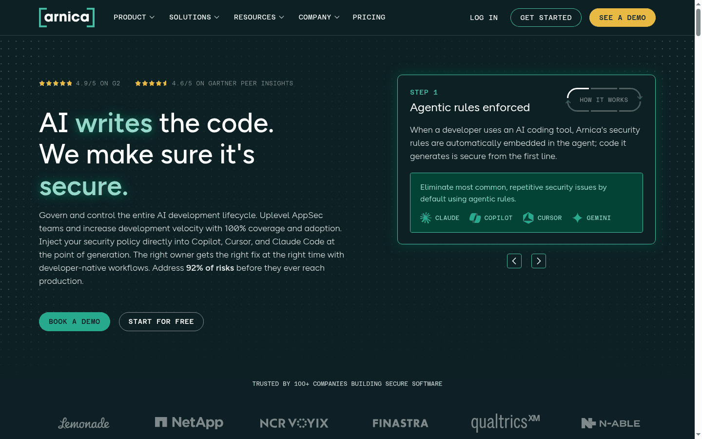 Arnica product site for AI coding security and developer-native AppSec