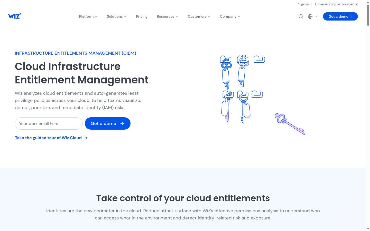 Wiz Cloud Infrastructure Entitlement Management solution page