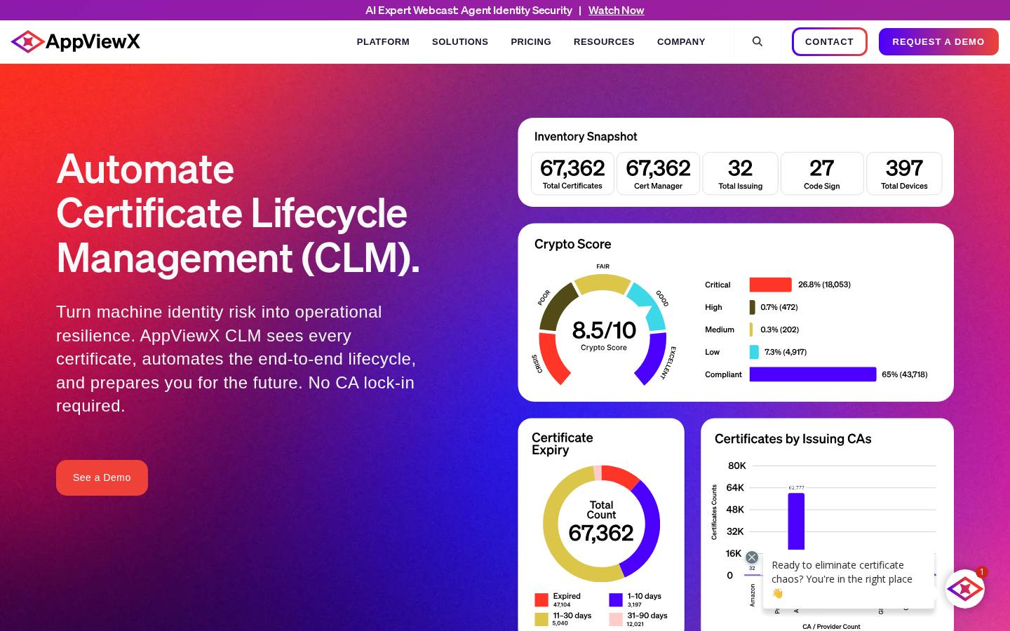 AppViewX certificate lifecycle management product page