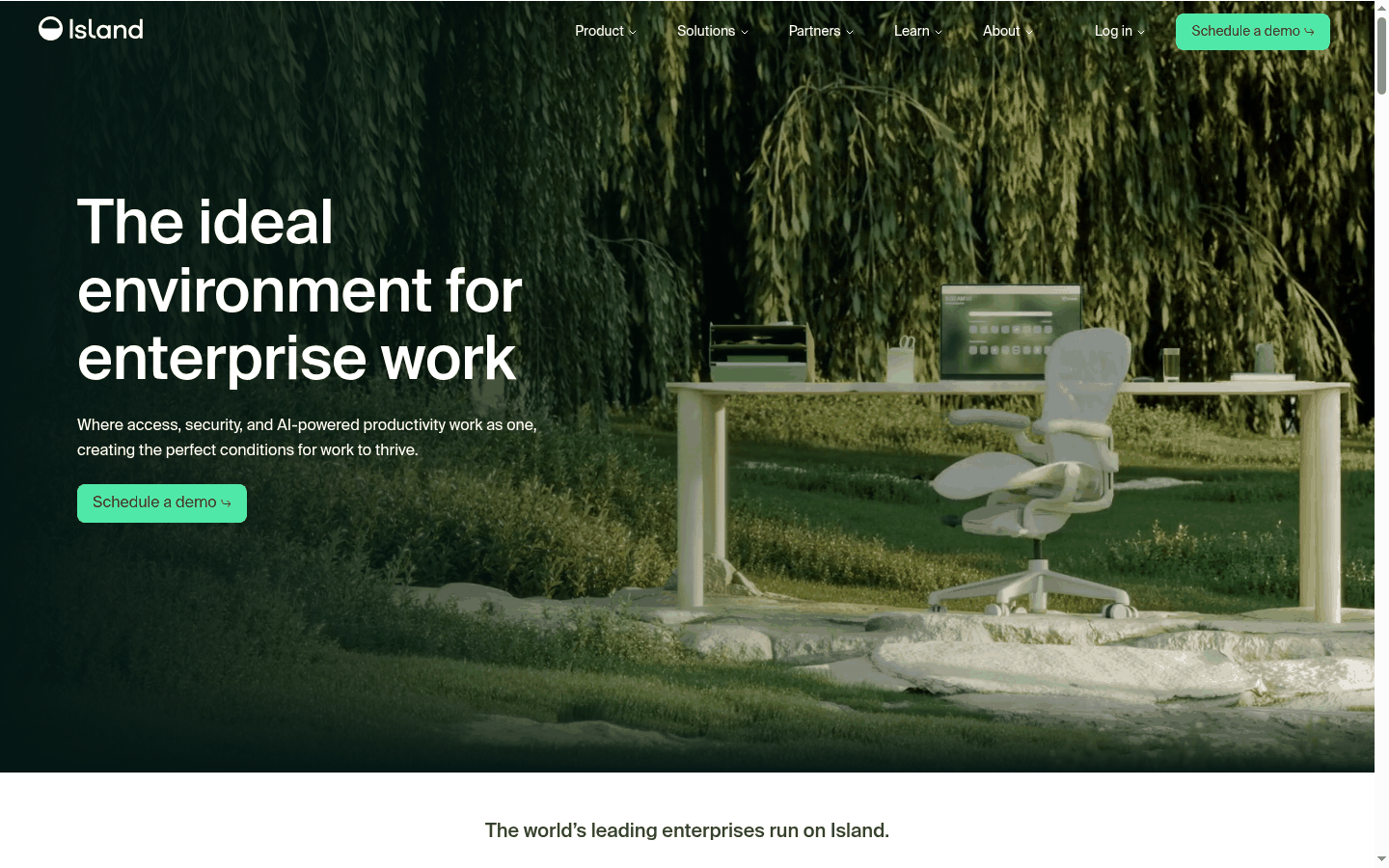 Island enterprise browser product page with work browser on a managed laptop