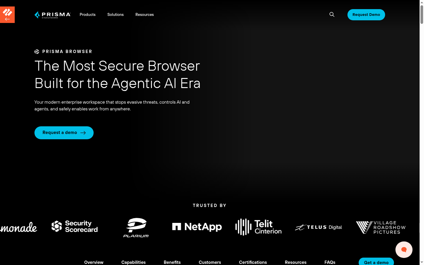 Prisma Browser page calling out secure workspace controls for AI-era browsing