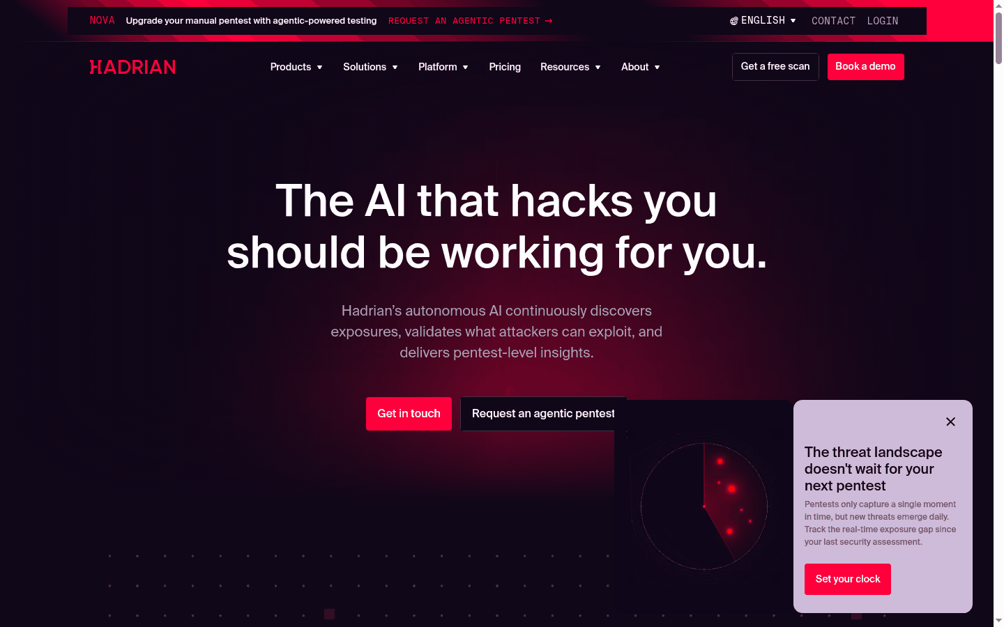 Hadrian product site for Atlas external exposure management and Nova agentic pentesting