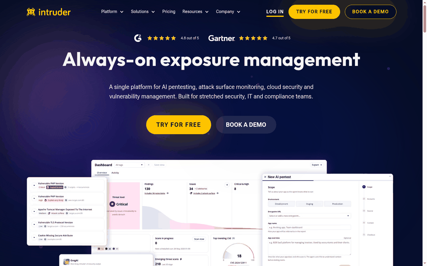 Intruder product site for continuous exposure management and vulnerability scanning