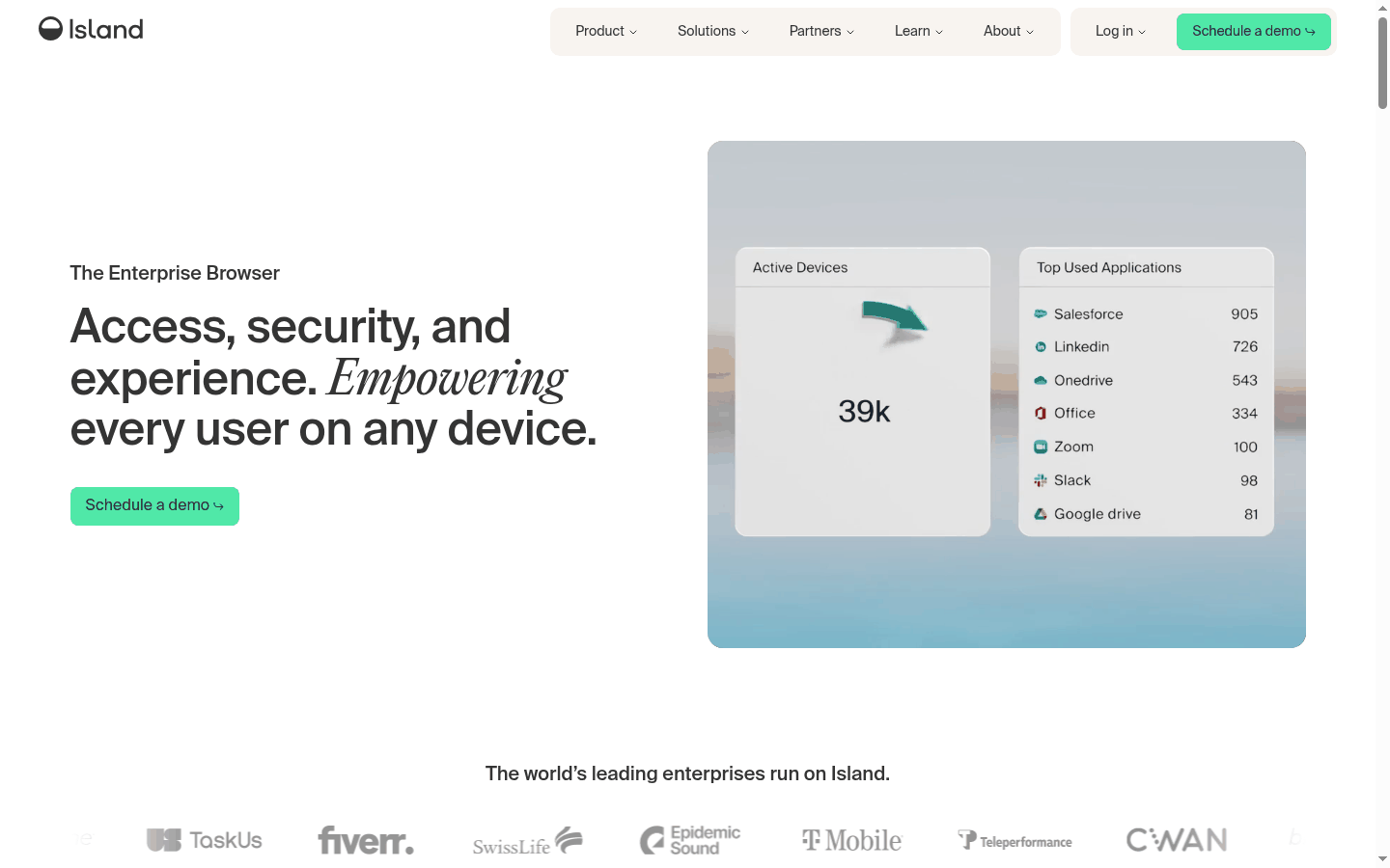 Island enterprise browser product page showing work browser controls for SaaS and BYOD