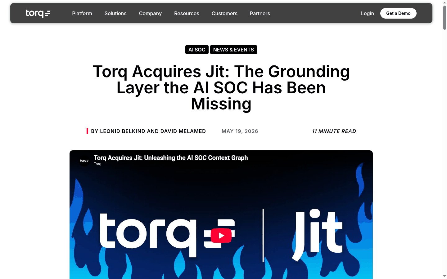 Torq announcement that Torq acquired Jit for AI SOC context graph