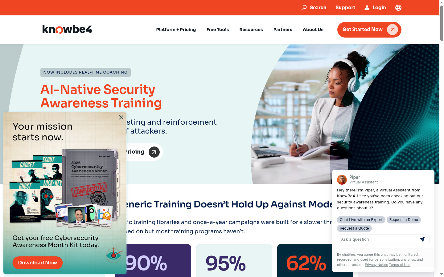KnowBe4 AI-Native Security Awareness Training product page with realtime coaching