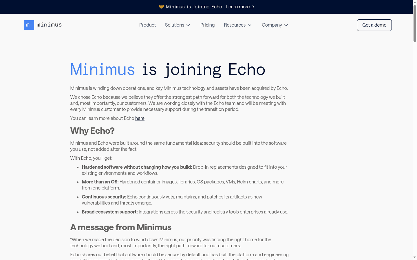 Minimus product site for hardened near-zero CVE container images