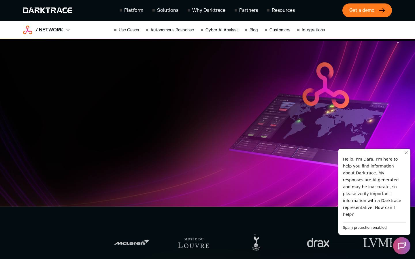 Darktrace NETWORK detection and response product page