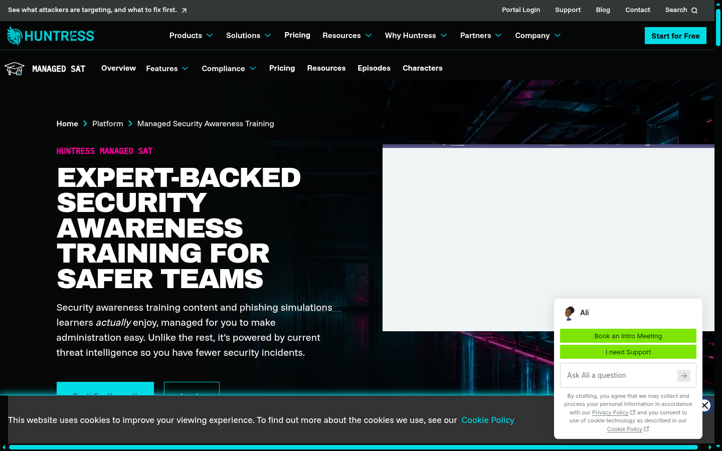 Huntress Managed Security Awareness Training platform with threat-intel phishing sims