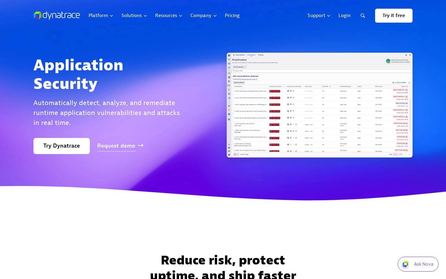 Dynatrace Application Security runtime protection page