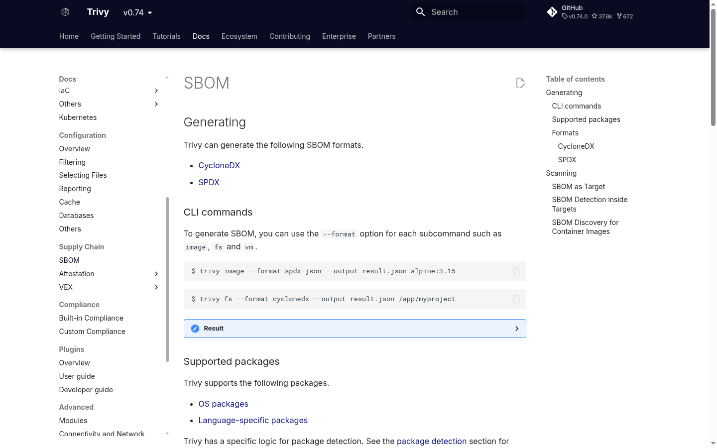 Trivy documentation for CycloneDX and SPDX SBOM generation