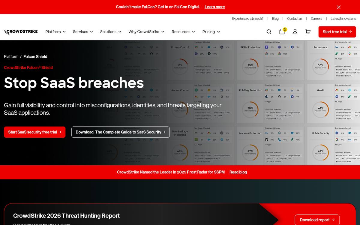 CrowdStrike Falcon Shield SaaS security posture page
