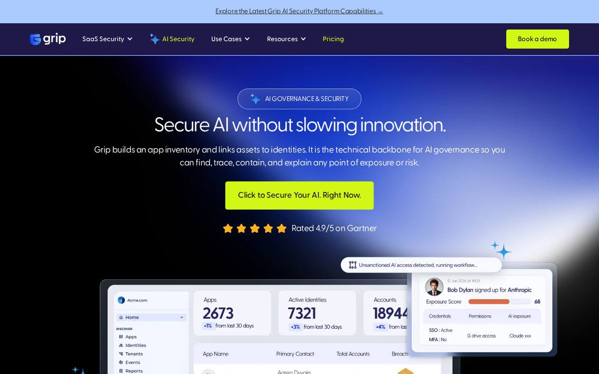 Grip Security SaaS identity security page
