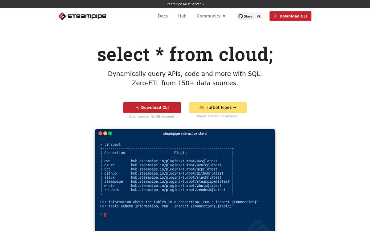 Steampipe product site with SQL cloud query examples