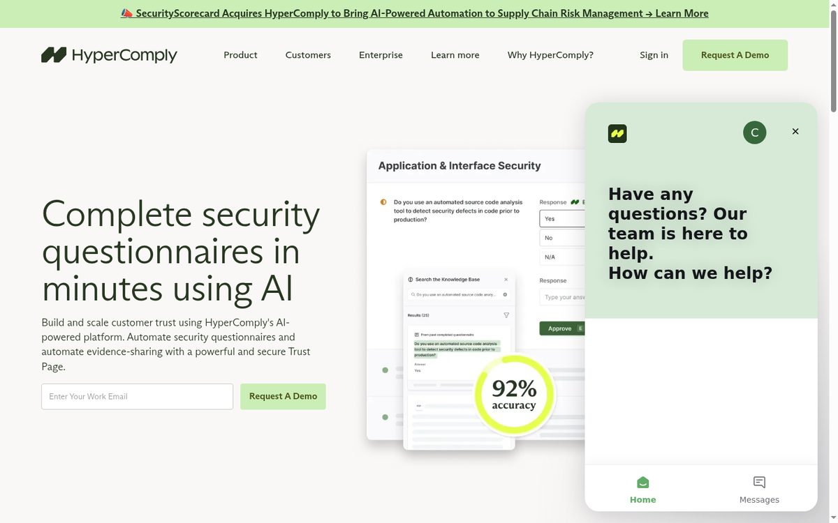 HyperComply trust center and questionnaire automation product page