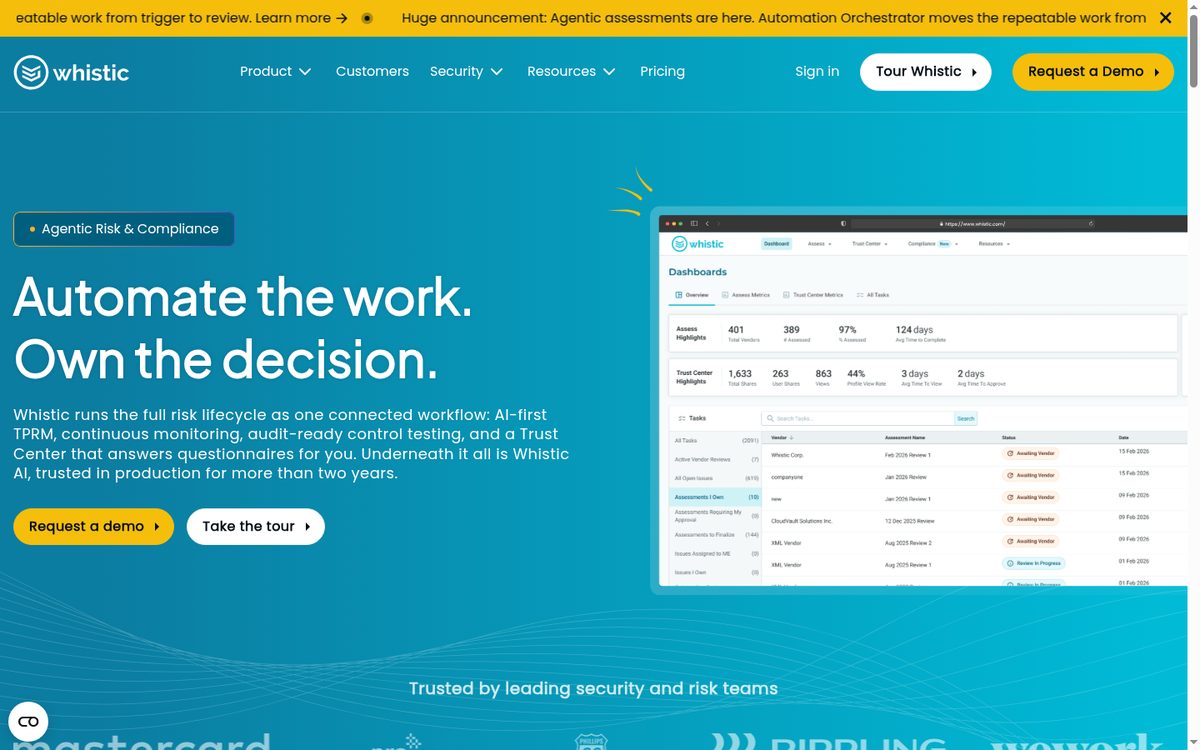 Whistic security profile and assessment network product page