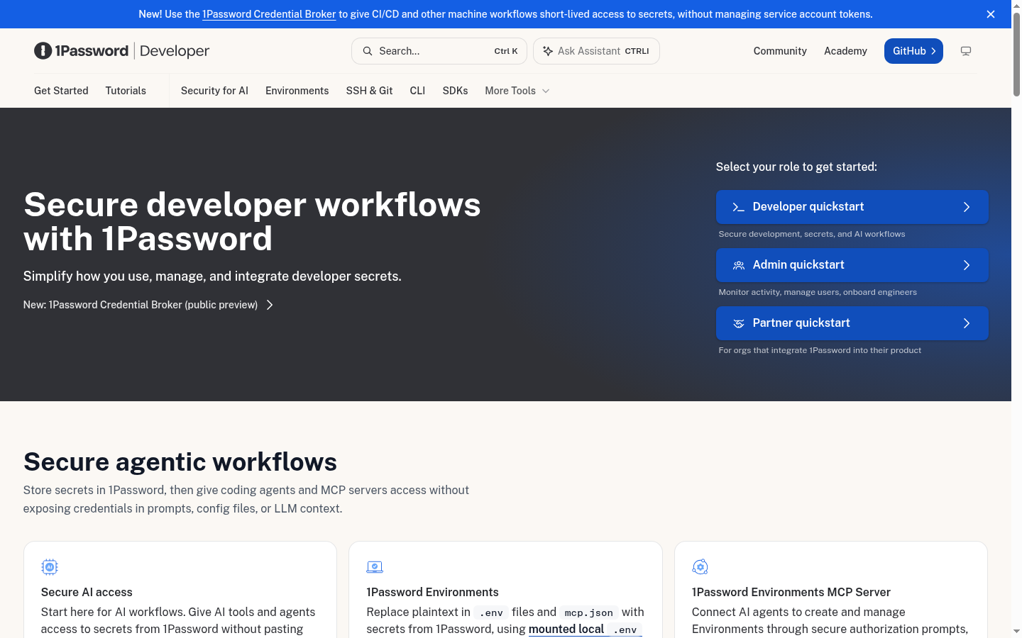 1Password developer tools and business password manager page