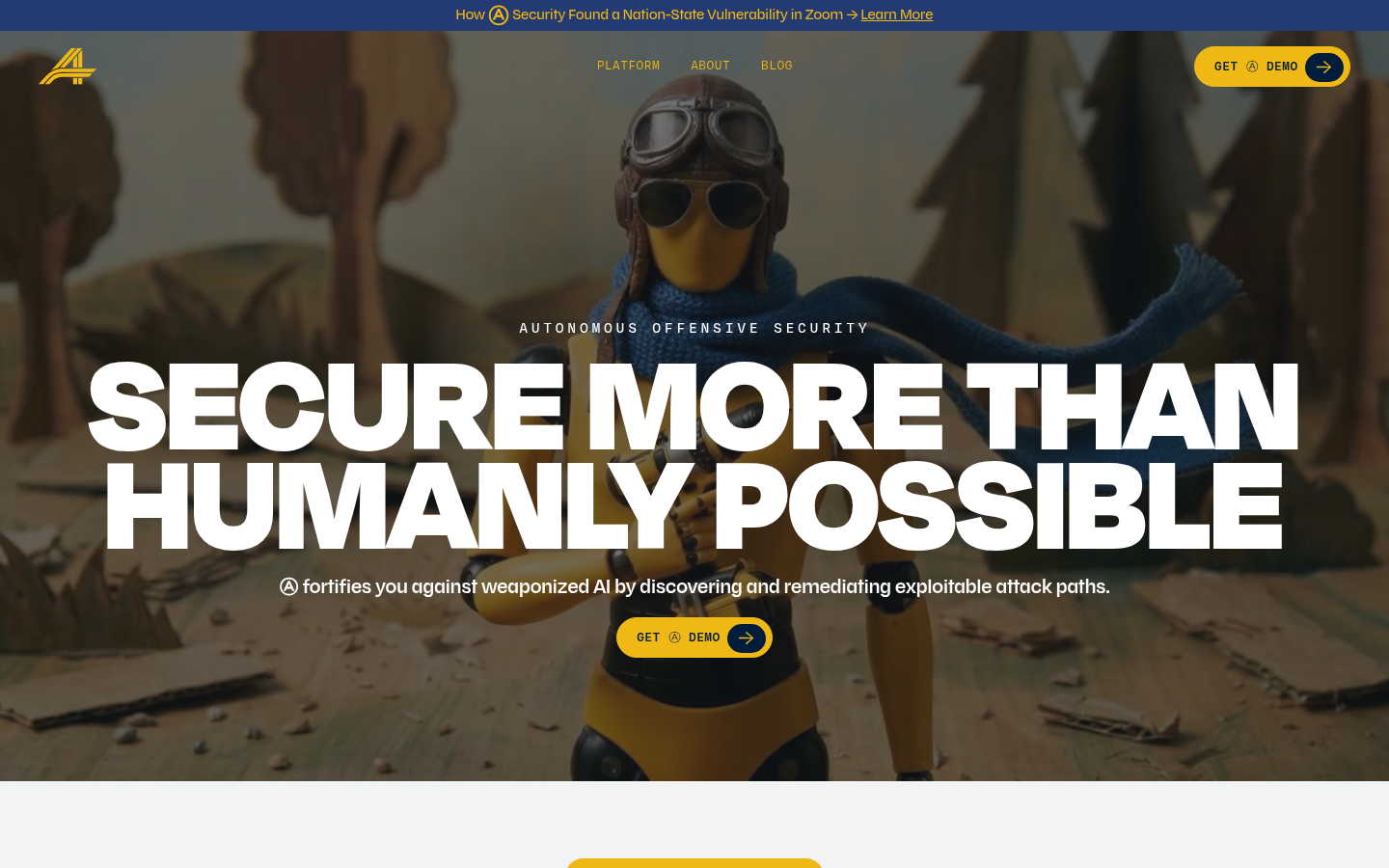 A Security autonomous offensive security page, Secure More Than Humanly Possible headline