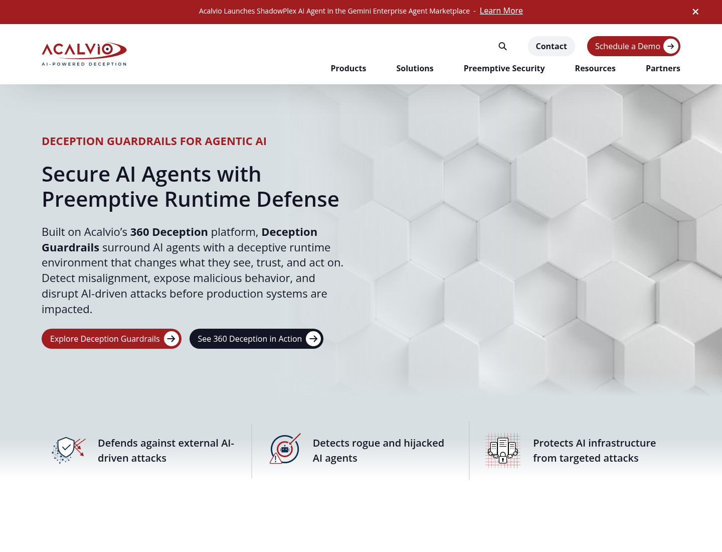 Acalvio ShadowPlex opening screen for Deception Guardrails, with the ShadowPlex AI Agent banner