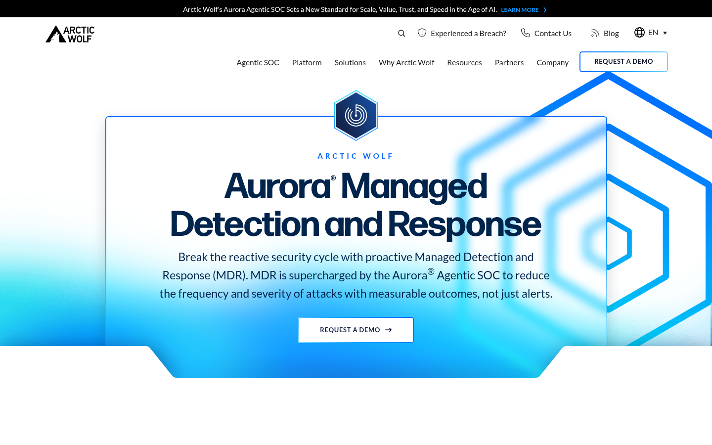 Arctic Wolf Aurora Managed Detection and Response product page, Agentic SOC headline