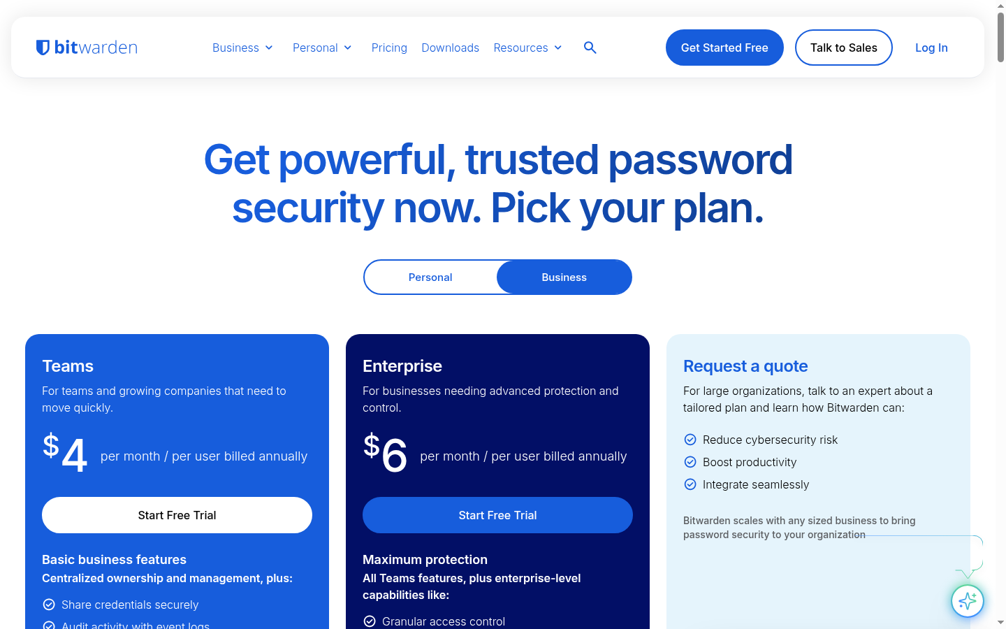 Bitwarden Business and Enterprise pricing product marketing