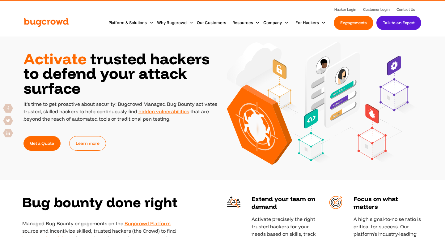 Bugcrowd Managed Bug Bounty product page with the headline Activate trusted hackers to defend your attack surface and a bug graphic inside an orange hexagon
