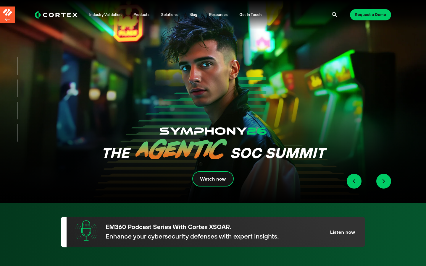 Cortex site lead for Symphony 26, The Agentic SOC Summit, above an EM360 Podcast Series With Cortex XSOAR banner