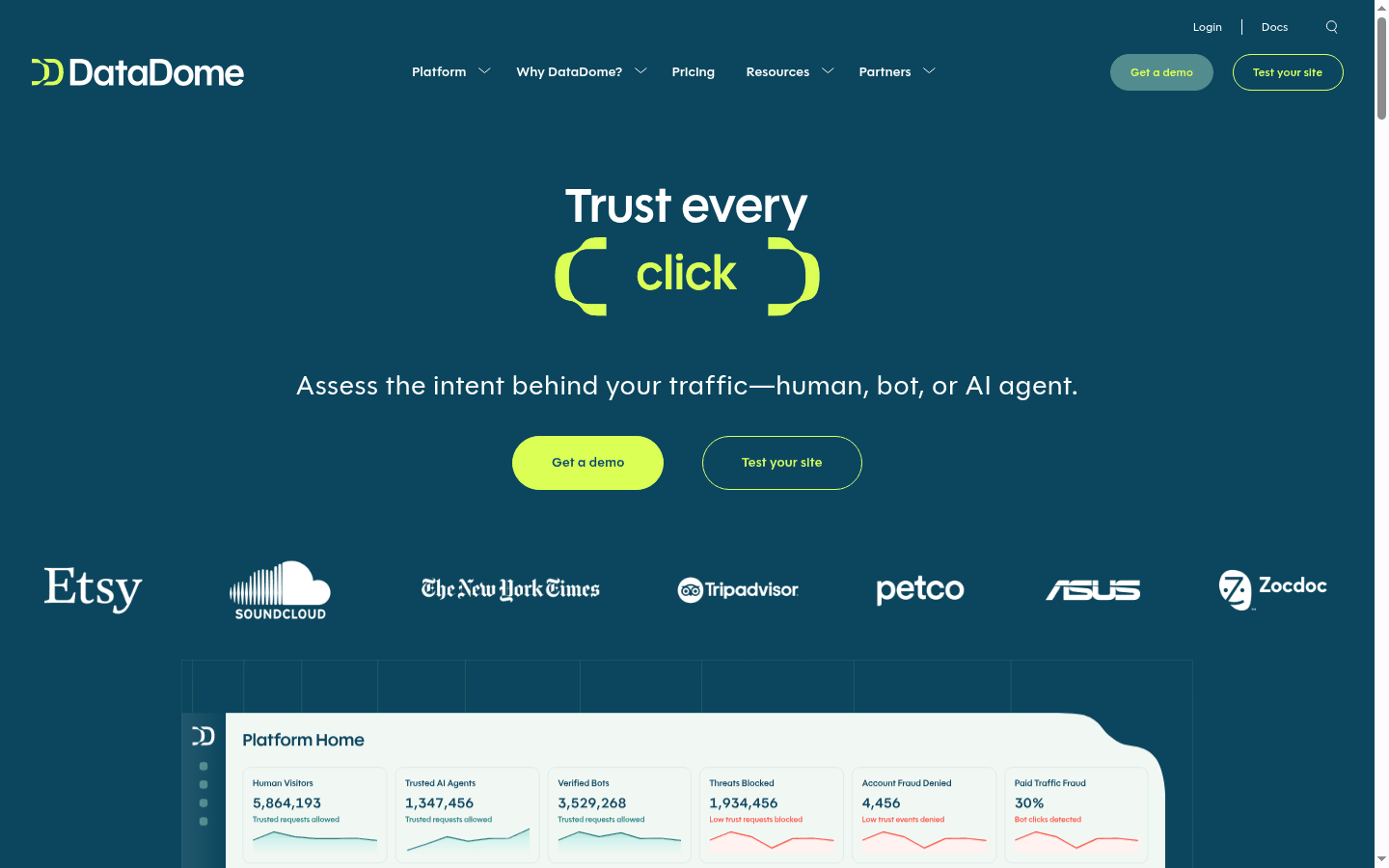 DataDome site lead, Trust every click, above a sample platform dashboard