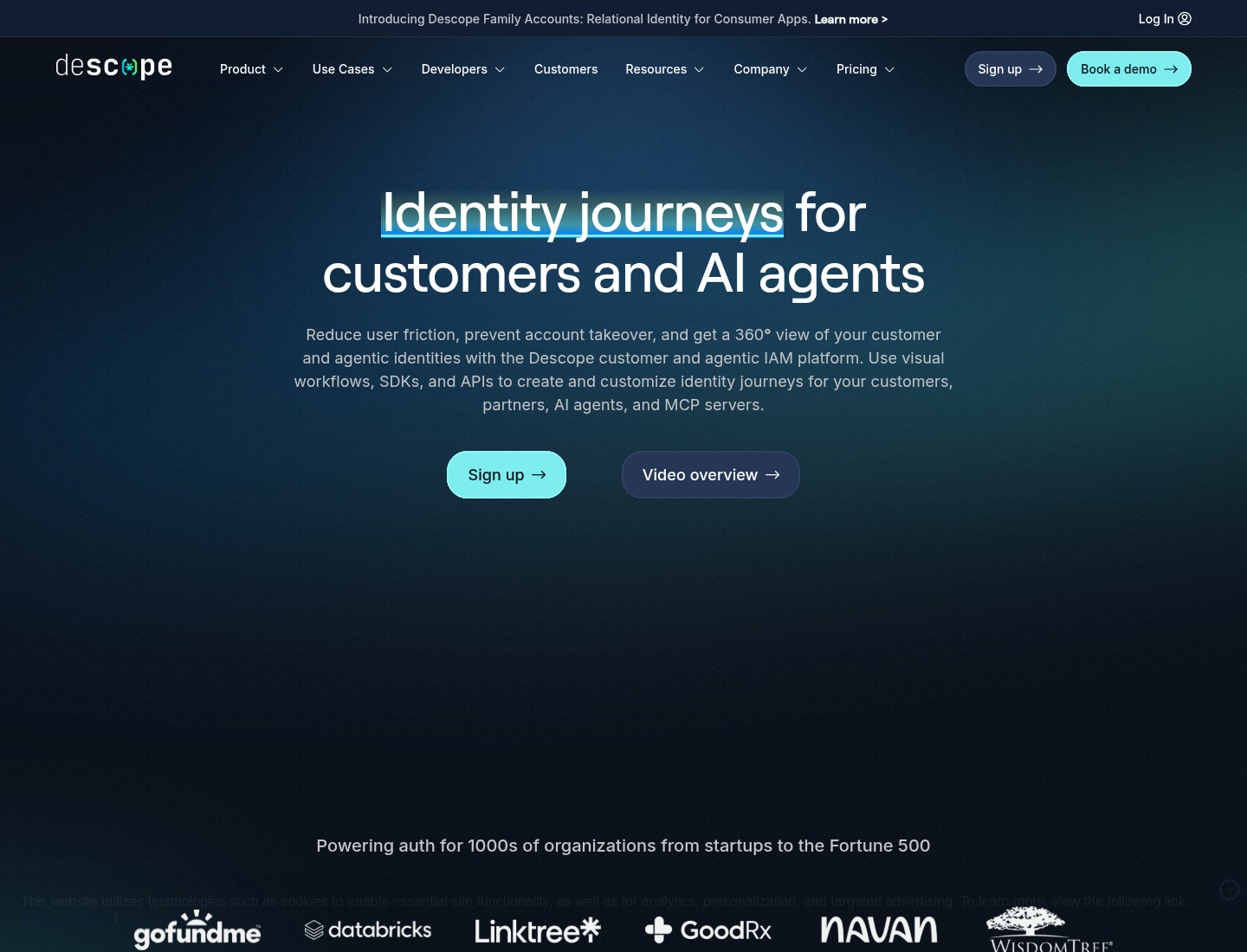 Descope product page with the headline Identity journeys for customers and AI agents and a Family Accounts banner