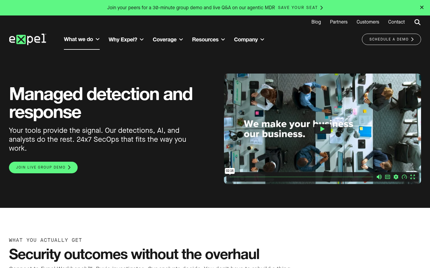 Expel managed detection and response service page, tools provide the signal headline