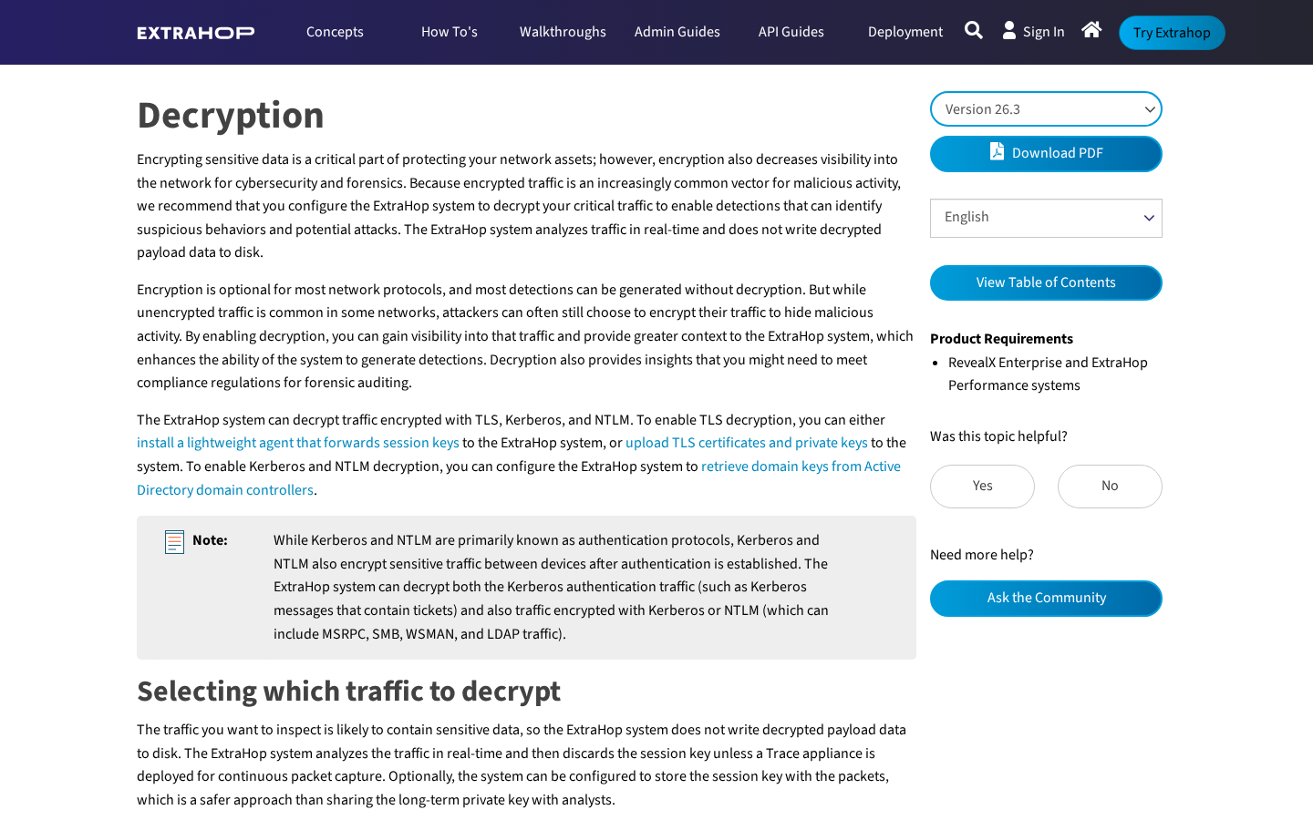 ExtraHop docs Decryption concepts page version 26.3, TLS Kerberos NTLM methods for RevealX Enterprise