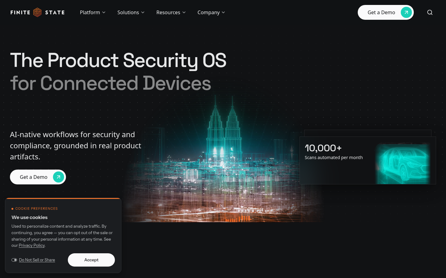 Finite State site lead, The Product Security OS for Connected Devices, beside a panel reading 10,000+ scans automated per month
