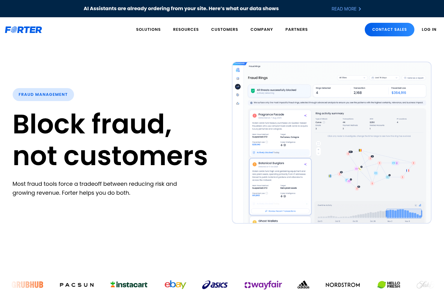 Forter Fraud Management product page with the Fraud Management label, the headline Block fraud, not customers, and a Fraud Rings panel