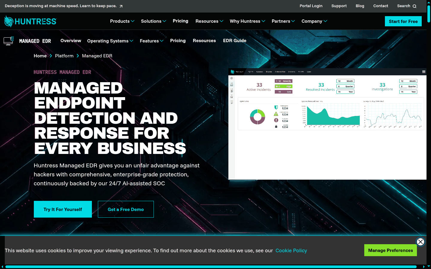 Huntress Managed EDR product page hero, endpoint detection and response with 24/7 SOC