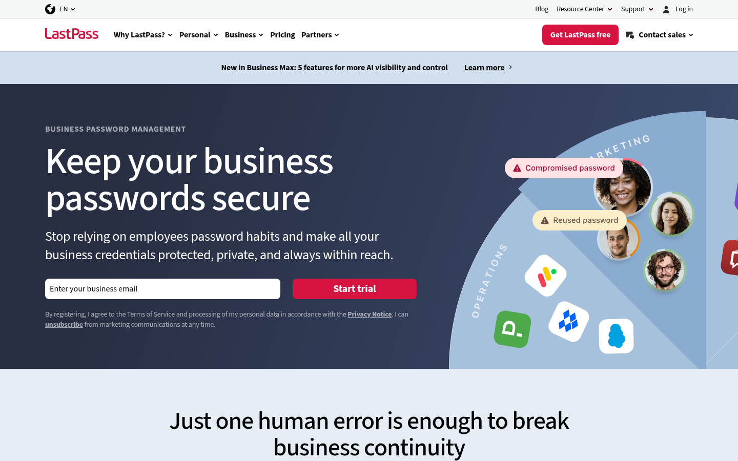 LastPass Business password management product page